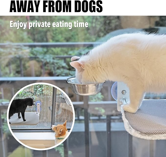 Meeyoview Cat Window Perch, Foldable Cat Window Hammock with Wooden Scratching Post and Stainless Steel Cat Bowls, Window Mounted Bed for Cats Inside (2 Cat Bowls)