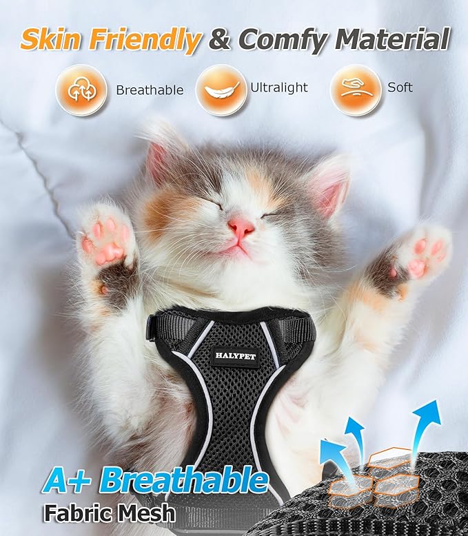 Halypet Cat Harness and Leash Set [H500 Pro Escape Proof Cat Harness for Walking, Adjustable Breathable Soft Travel Cat Leash, Reflective Strips Kitten Harness