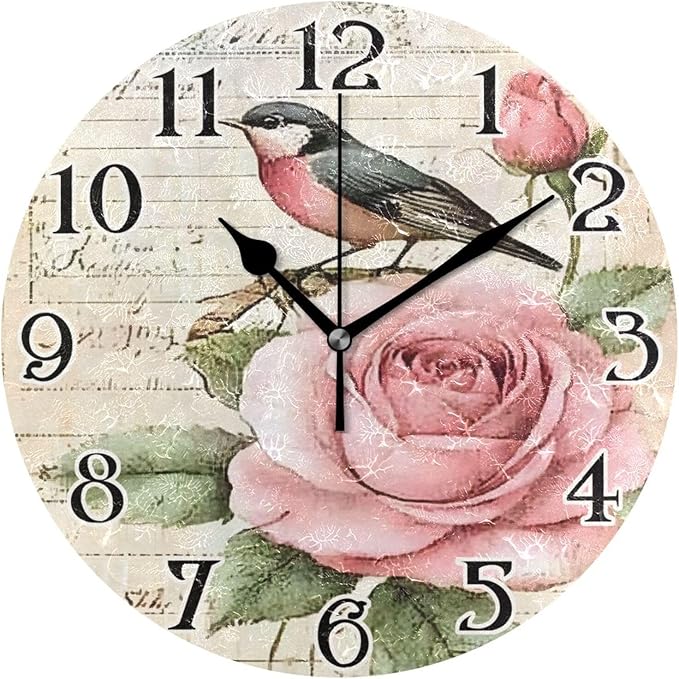 ALAZA Hummingbird Wall Clock Love Birds Clock Roses Flowers Battery Operated KitchenClock 9.5 Inch Bathroom Clock Non Ticking Round Bedroom Living Room Decor