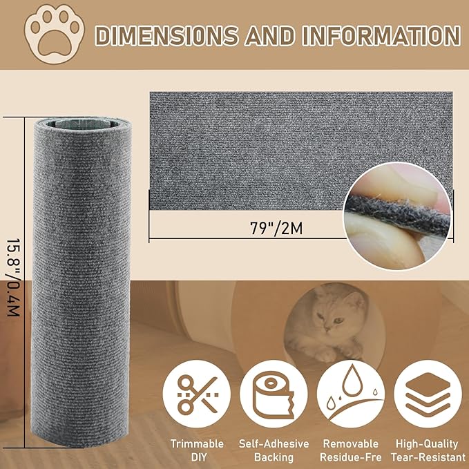 Cat Scratching Climbing Carpet Mat, Self-Adhesive Trimmable Anti Cat Scratcher Couch Furniture Protector from Cat Claws, Cat Post Covered Pad Replacement for DIY Cat Tree (Light Gray, 15.8" x 79")