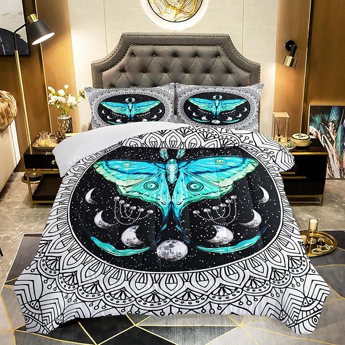 AILONEN Moth Comforter Set for Girls Kids Teens, Boho Death Moth Print Bedding Set Full Size,Fantastic Mandala Sun Moon Quilted Duvet,1 Comforter 2 Pillowcases 3 Piece