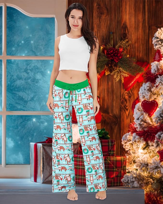 ALISISTER Christmas Womens Pajama Pants Casual Comfy Sleepwear Wide Leg Drawstring Bottoms