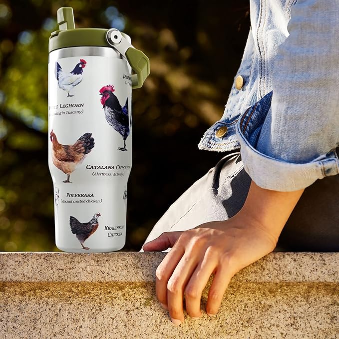 30oz Chicken Tumbler with Handle and Straw, Stainless Steel Vacuum Insulated Coffee Tumbler, Travel Mug Water Bottle, chicken Stuff Accessories Decor, chicken Gifts for Women