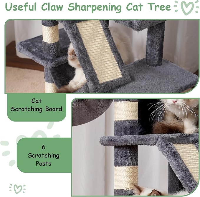 Cat Tree, 63 inch Multi-Level Cat Tower for Indoor Cats, Cat Condo with Cat Scratching Post and Board, Cat Hammock, Smoky Gray GCT011G