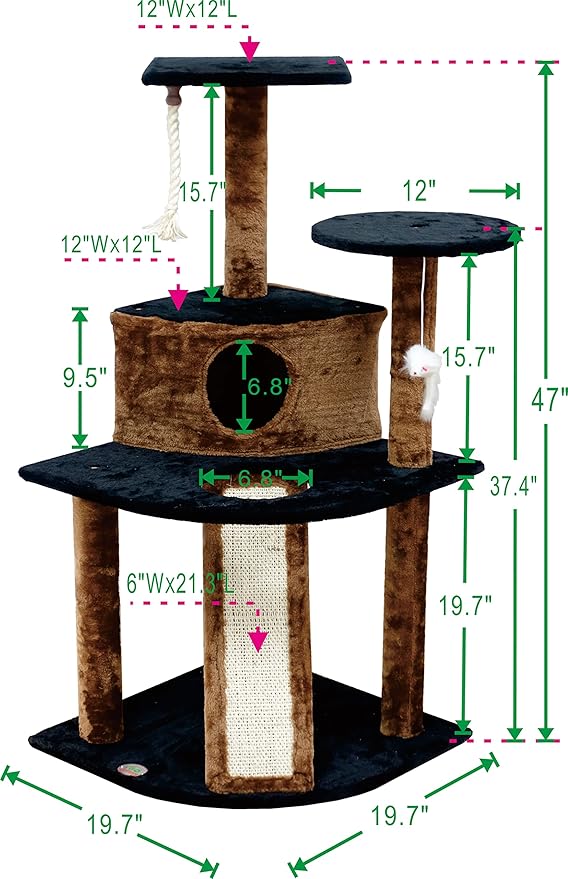 Go Pet Club Everyday Value 47in Corner Cat Tree Kitty Condo Kitten Scratcher Tower House Furniture with Hanging Toys for Indoor Cats, Brown/Black