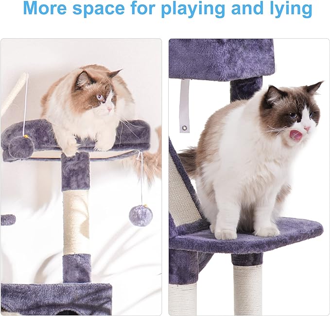Hey-brother Cat Tree, 61 inch Cat Tower for Indoor Cats, Cat House with Padded Platform Bed, Toy Balls, Large Cozy Condo, Hammocks and Sisal Scratching Posts, Smoky Gray MPJ019G