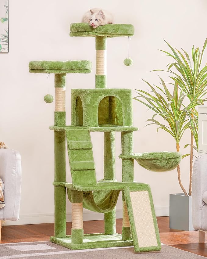 Heybly Cat Tree, Cat Tower for Indoor Cats,Multi-Level Cat Furniture Condo for Cats with Padded Plush Perch, Cozy Basket and Scratching Board Smoky Green HCT014GR