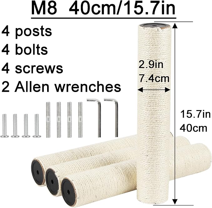 4 Pcs 2.9in 7.4cm Diameter Cat Scratching Post Replacement Parts Pole (M8, 15.7in/40cm)