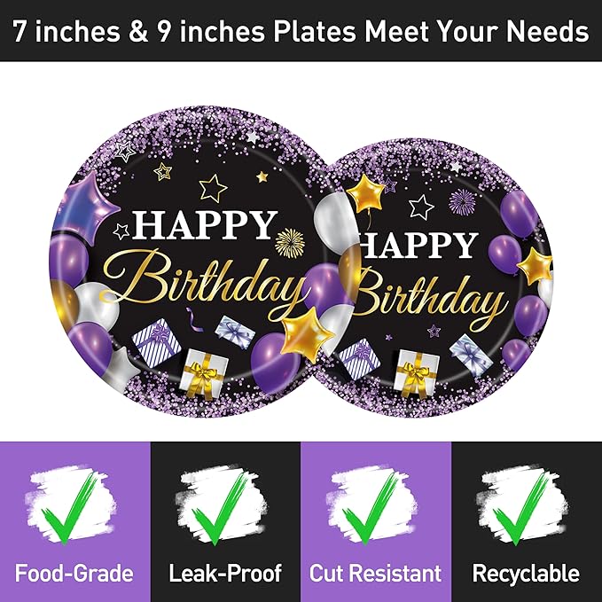 96 Pcs Purple Party Plates and Napkins Decorations Tableware Set Supplies Disposable Paper Dessert Birthday Table Dinnerware Favors Set, Serves 24 Guests