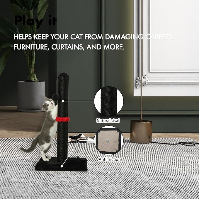 MECOOL Cat Scratching Post Premium Sisal Scratch Posts with Hanging Ball Vertical Scratcher for Indoor Cats and Kittens (Black, 22 inches for Kitten)