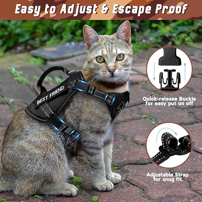 Tactical Cat Harness, Air Mesh Cat Walking Vest Harness Escape Proof, Reflective Large Cat Harnesses with Handle for Adult Fat Cats (Black, L)