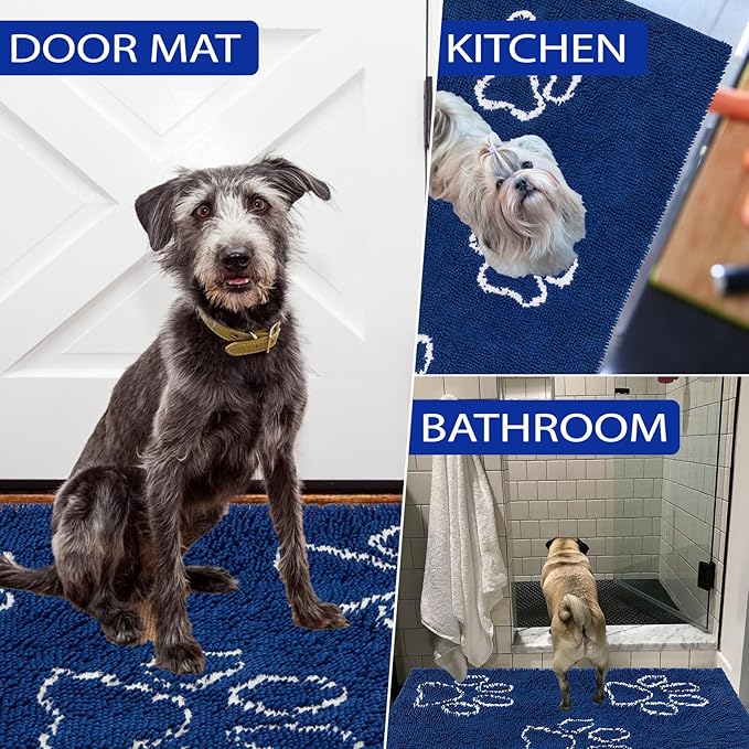 EXPAWLORER Dog Door Mat for Muddy Paws - Highly Absorbent Microfiber Dog Rug, Soft Chenille Dog Runner Rug Indoor Outdoor Floor, Non-Slip Large Pet Paw Cleaning Washable Mud Mat for Bathroom, Blue