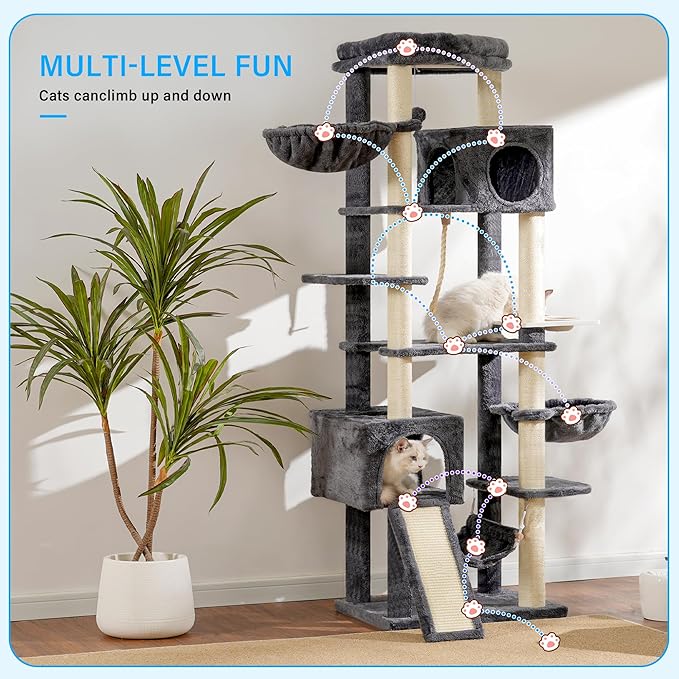 Hey-brother Cat Tree, 70.8 Inches Multi-Level Cat Tree Tower for Large Cats, Heavy Duty Cat Tower with Cat Condo,Baskets, Cat Scratching Posts, Big Hammock and Food Bowls, Smoky Gray MPJ036G