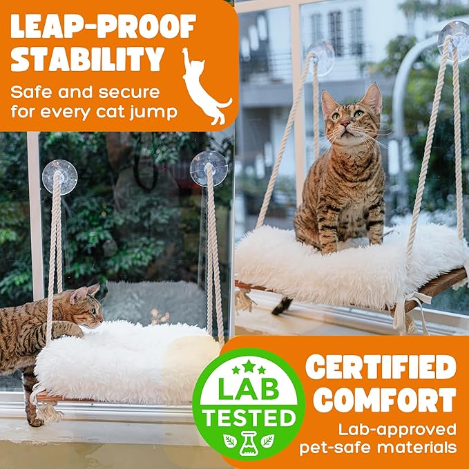 Cat Window Perch - Cat Hammock for Window - Solid Wood Seat & Strong Suction Cups - Furry Cat Window Bed & Furniture for Cats Inside - Fluffy Hanging Window Shelf for Small Medium Indoor Cats