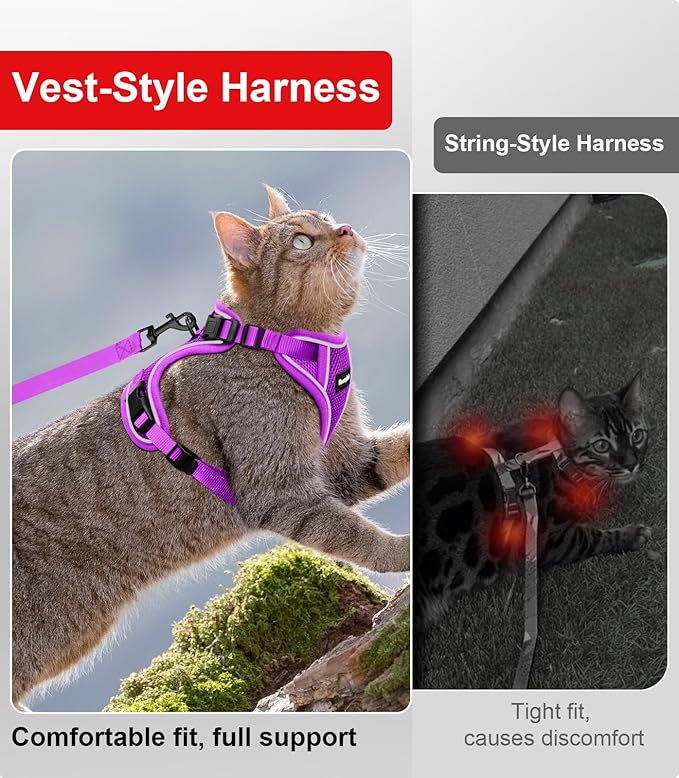Cat Harness and Leash for Walking Escape Proof Soft Adjustable Cat Leash Breathable Comfortable Vest Easy to Wear Kitten Harness for Outdoor Travel Purple M