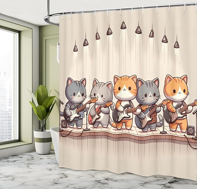 Ambesonne Cat Shower Curtain, Kawaii Kitties Playing Electric Guitars Funny Anime Animals Band Cartoon, Cloth Fabric Bathroom Decor Set with Hooks, 69" W x 84" L, Grey Orange and Pale Tan