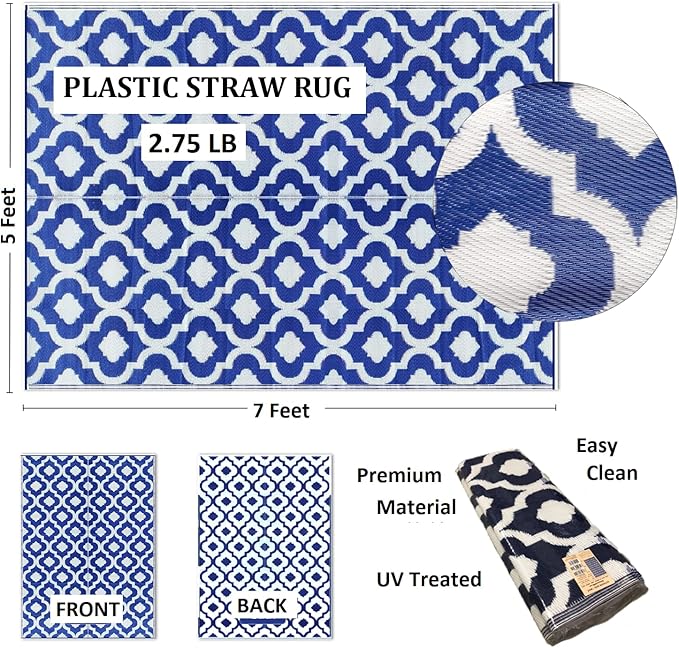 BalajeesUSA Outdoor Rug - 5x7 feet, Multi Color, Reversible, Portable, for Camping picnic, Waterproof, Plastic straw patio rugs, RV camper mat 477