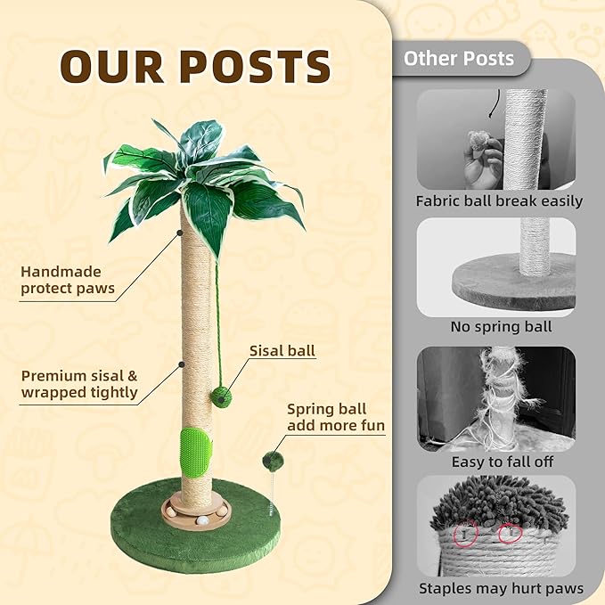 Cat Scratching Post 35'' Cat Scratcher Tall Scratching Posts for Indoor Cats with Cat Toy and Interactive Ball Self Groomer for Kittens Adults Cats