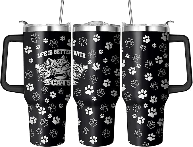 40 Oz Black Cat Tumbler With Handle and Straw, Double Wall Stainless Steel Insulated Mug for Cat Lovers, Mom or Dad - Cups Gifts for Women