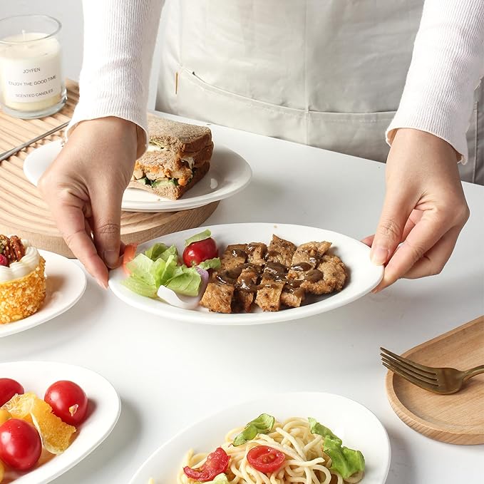 8 Inch Ceramic Appetizer Plates Oval, Porcelain Dessert Plates, Small Salad Plates Set, Small White Serving Plates for Salad, Appetizer, Snack, Sushi, Microwave, Dishwasher Safe, Set of 8