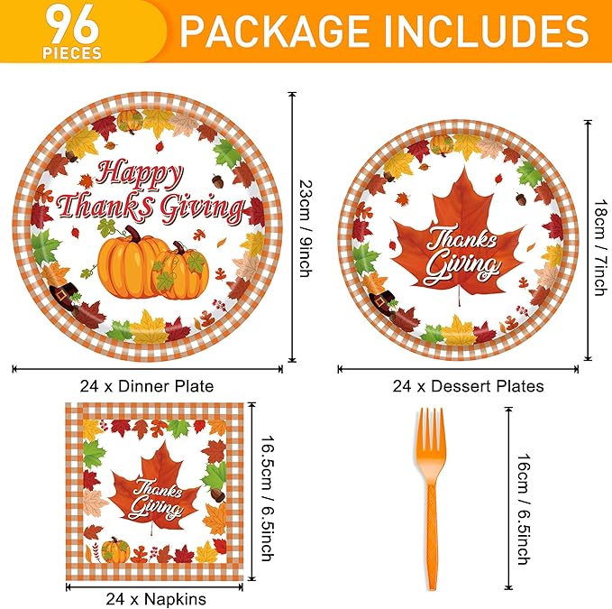 96 Pcs Thanksgiving Plates and Napkins - Pumpkin Maple Leaf Theme Party Supplies Disposable Paper Tableware for Thanksgiving Decor Fall Dinnerware Set Serves 24 Guests