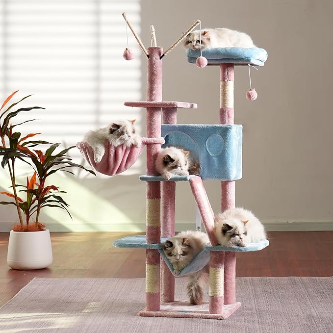 Hey-brother Cat Tree, 53 inch Cat Tower for Indoor Cats, Cat House with Padded Platform Bed, Toy Balls, Large Cozy Condo, Hammocks and Sisal Scratching Posts,Blue and Pink MPJ019SBP