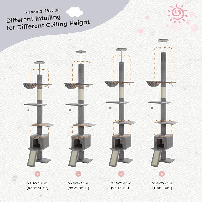 PETEPELA Floor to Ceiling Cat Tree, Cat Tower 5 Tiers Tall (83-108 Inches) Adjustable Height, Cat Climbing Tree Featuring with Cat Condo, Cat Scratching Post and Cat Perches for Indoor Cats, Grey
