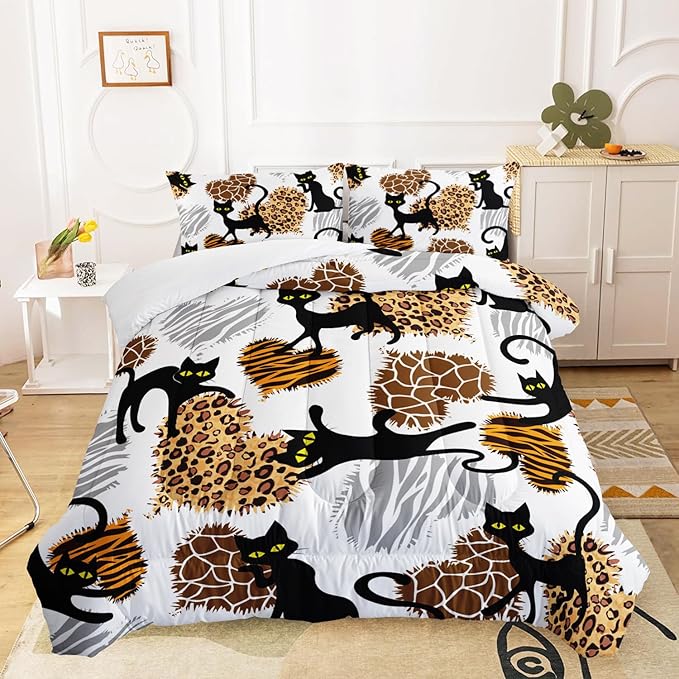 AILONEN Black Cat Comforter Set Queen Size, 3-Piece Hearts Leopard Printed Microfiber Bedding Set for Girls Women,Funny Cat Kitten Comforter with 2 Pillowcases