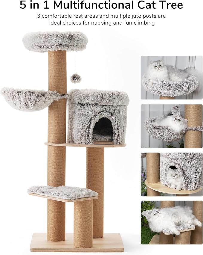FUKUMARU Cat Tree, 61 Inch 5 in 1 Cat Tower for Indoor Cats, Plush Multi-Level Cat Condo with 6 Scratching Posts, Detachable and Washable Cushions, Activity House with Perch and Hammock for Most Cats