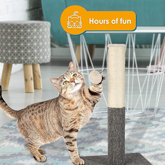 PAWBEE 20" Tall Cat Scratching Post for Indoor Cats - Durable Sisal Rope Scratcher Pole with Playful Hanging Ball - Ideal Cat Tower Alternative for Kittens and Large Cats - Sturdy Cat Scratchers