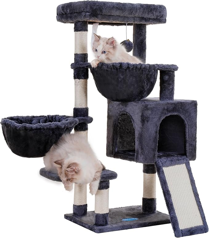 Hey-brother Cat Tree, Cat Tower for Indoor Cats, Cat House with Large Padded Bed, Cozy Condo, Hammocks, Sisal Scratching Posts, Big Scratcher, Smoky Gray MPJ006SG
