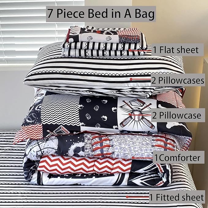 7 Piece Baseball Comforter Set Bed in A Bag Queen Size 3D Softball Sports Bedding Set for Boys Kids Microfiber Comforter All Season (1 Comforter, 1 Flat Sheet, 1 Fitted Sheet, 4 Pillowcase)