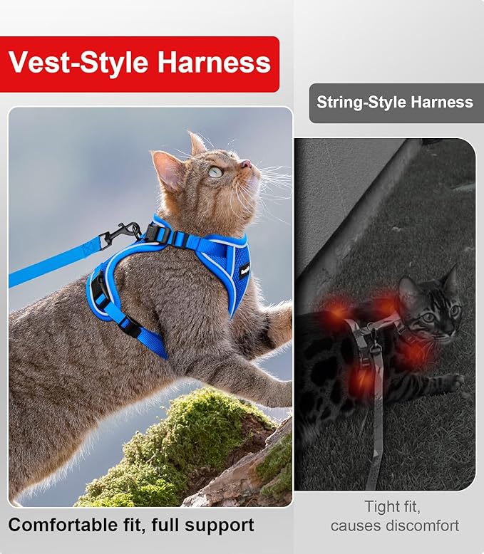 Cat Harness and Leash for Walking Escape Proof Soft Adjustable Cat Leash Breathable Comfortable Vest Easy to Wear Kitten Harness for Outdoor Travel Blue S
