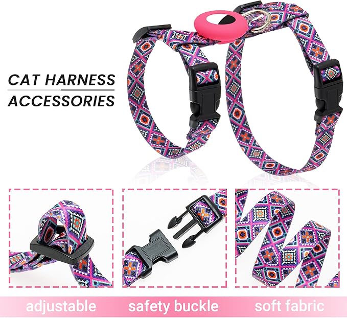 Cat Harness and Leash Escape Proof for Walking Travel Outdoor - Soft Nylon Adjustable Cute Cat Harness Leash Set with Airtag Holder for Small Medium Large Cats