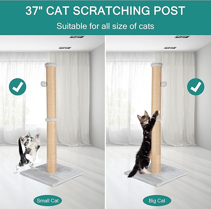 FluffyDream 37'' Cat Scratching Post, Natural Sisal Rope Scratcher with Dangling Teaser Ball and Covered with Soft Plush for Kittens and Adult Cats, Sand Color
