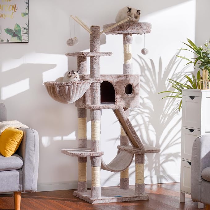 Hey-brother Cat Tree, 61 inch Cat Tower for Indoor Cats, Cat House with Padded Platform Bed, Toy Balls, Large Cozy Condo, Hammocks and Sisal Scratching Posts, Muchroom MPJ019MU