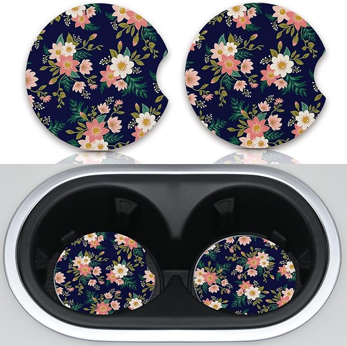 2pcs Flowers Pattern Car Cup Holder Coasters - Hippie Car Accessories, Universal Auto Anti Slip, Rubber Coasters with A Finger Groove