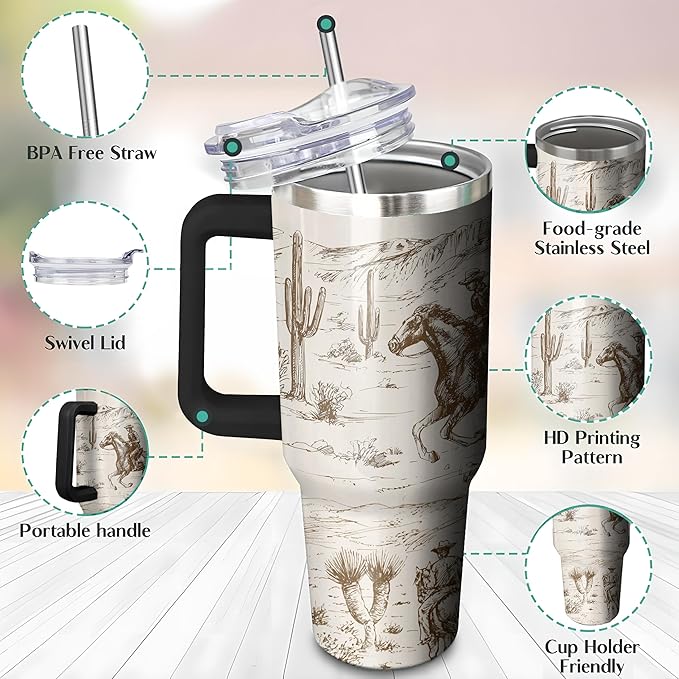 40 Oz Western Tumbler with Handle and Straw, Double Wall Stainless Steel Horse Mugs for Horse Lovers, Horse Gifts for Women Insulated Horse Cups, 40 Oz Horse Coffee Cup Gifts for Horse Lovers Women