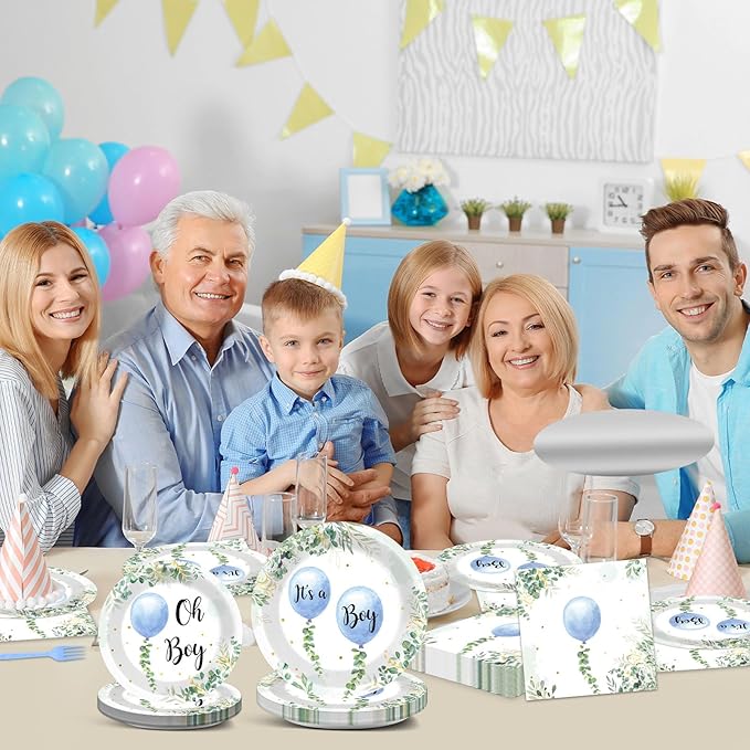 96 Pcs Oh Boy Watercolor Blue Balloon Party Supplies Greenery Boy Baby Shower Tableware Set Eucalyptus Party Favor Birthday Baby Shower Plates and Napkins Table Decorations for 24 Guests