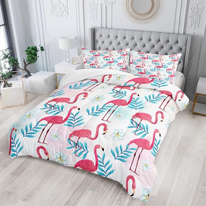 AILONEN Flamingo Comforter Set for Girls Kids, Tropical Flamingo Pattern Bedding Set Twin Size,Superior Quilt Ultra Soft,3 Piece 1 Comforter and 2 Pillowcases,Microfiber Fabric
