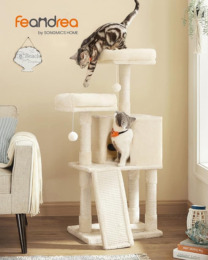 Feandrea Cat Tower, Cat Tree for Indoor Cats, 45.3-Inch Cat Condo with Scratching Post, Ramp, Perch, Spacious Cat Cave, for Kittens, Elderly Cats, Adult Cats, Small Space, Beige UPCT141M01