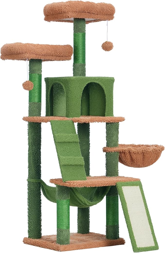 Heybly Cat Tree, Cactus Cat Tower for Indoor Cats,Multi-Level Cat Furniture Condo for Cats with Padded Plush Perch, Cozy Basket and Scratching Board HCT014CA