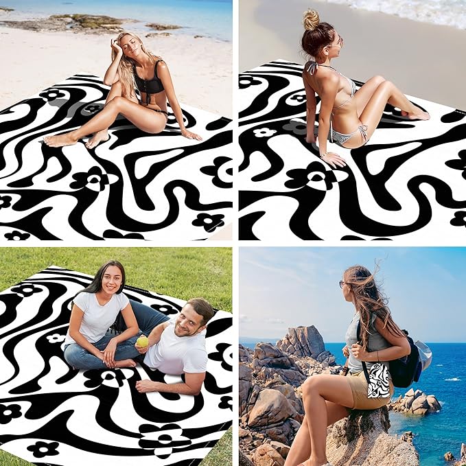 110''×118'' Extra Large Beach Blanket for 6-8 Adults, Waterproof Sandproof Black Picnic Blanket with 4 Stakes, Ployester Lightweight Compact Portable Pocket Travel Mat for Camping, Hiking, Concert