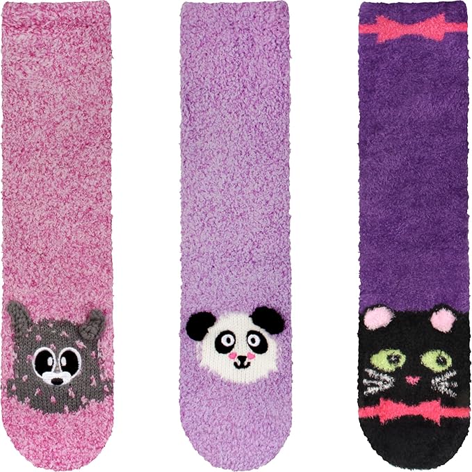 BambooMN Super Soft Warm Cute Animal Face Non-Slip Fuzzy Crew Winter Home Socks, Value Pack