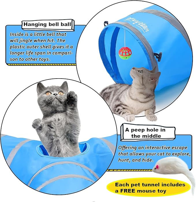 3 Way Cat Tube Tunnel - Indoor Cat Toy Tunnels Includes Crinkle Paper, Mouse Toy - Connect More Tunnels - Pop Up Collapsible - 10 Inch Diameter (Blue)