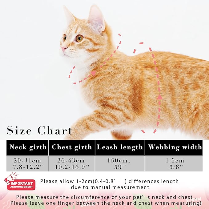 Cat Harness and Leash Set, Adjustable Kitten Harness Escape Proof Cats Harness, Soft Lightweight Walking Travel Pet Harness, Cute Kitty Harness Leash Set for Small Medium Cats, Pink Strawberry