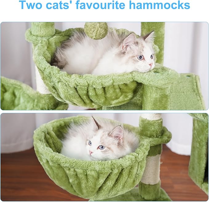 Hey-brother Cat Tree, Cat Tower for Indoor Cats, Cat House with Large Padded Bed, Cozy Condo, Hammocks, Sisal Scratching Posts, Big Scratcher, Green MPJ006SGR