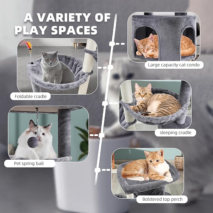 YOUPET 33.46" Cat Tree Tower with Cat Condo and Scratching Post for Indoor Cats, Activity Center Cat Furniture with Two Big Hammock and Spring Toy Balls, Grey