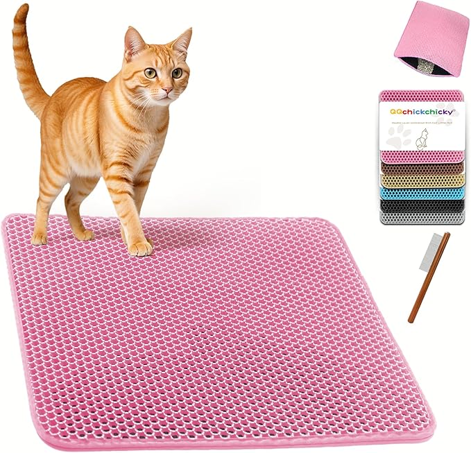 2025 𝗡𝗘𝗪 Waterproof Cat Litter Mat | Double Layer EVA, Odor-Free Large Grid | Urine Proof & Easy Cleanup | Soft on Paws | Versatile Design for Litter and Feeding (Pink, 22×31)