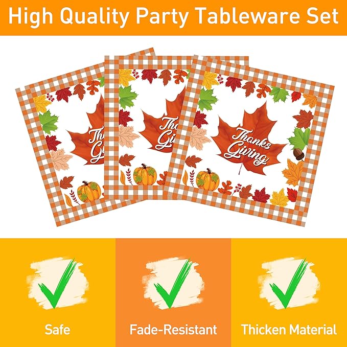 96 Pcs Thanksgiving Plates and Napkins - Pumpkin Maple Leaf Theme Party Supplies Disposable Paper Tableware for Thanksgiving Decor Fall Dinnerware Set Serves 24 Guests